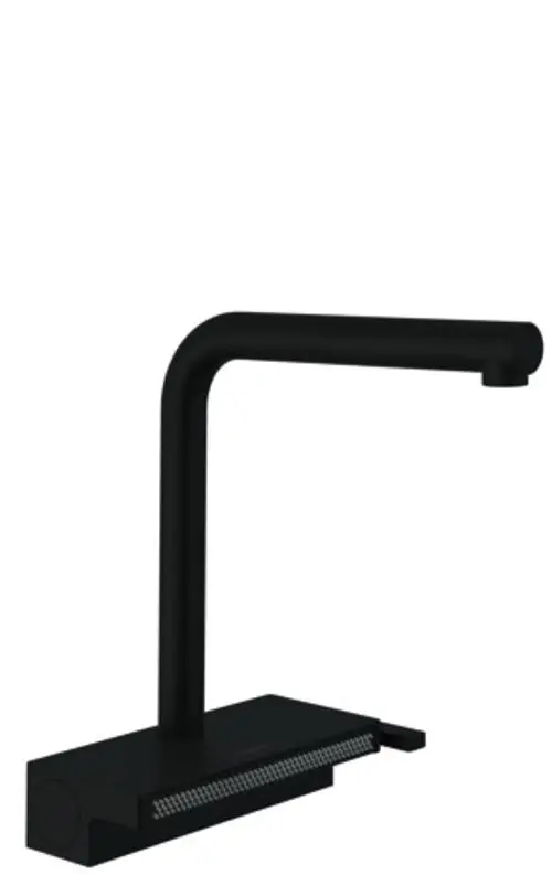 Schwarzer Spültischmischer mit Ausziehauslauf und zwei Strahlarten von Hansgrohe, geeignet für moderne Kücheninstallationen.